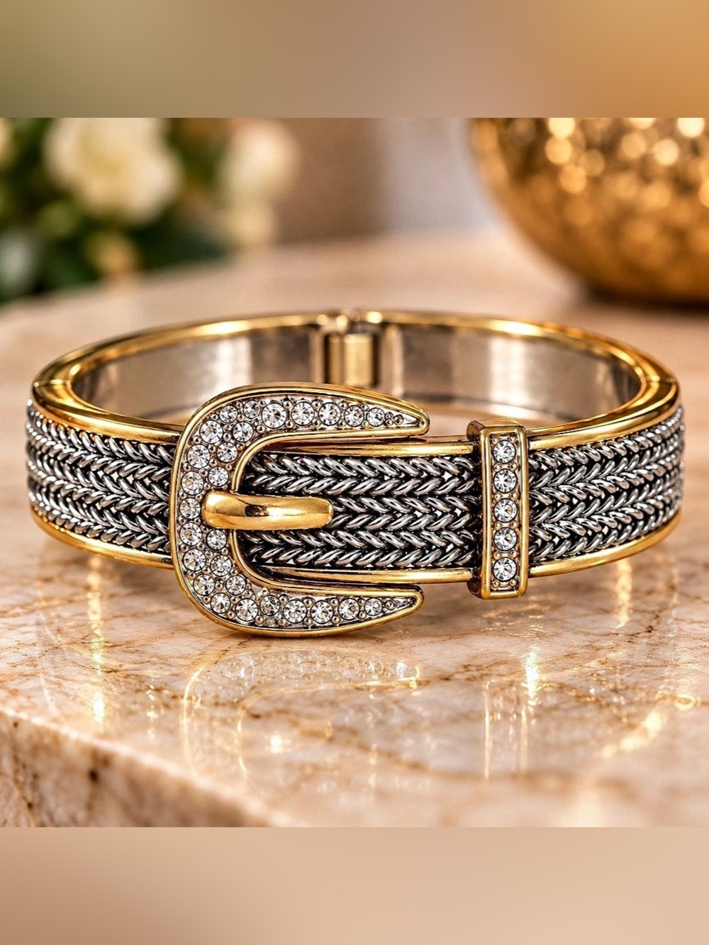 Two Tone Rhinestone Belt Buckle Braided Hinged Bangle Bracelet